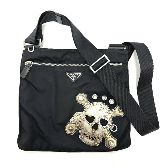PRADA VA0859 Triangle Plate Skull Flat bag Shoulder Bag Nylon Black - Picture 1 of 13
